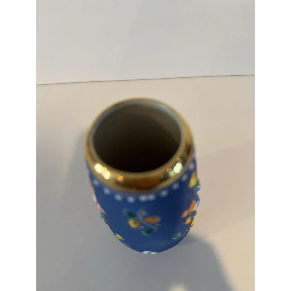 Hand Painted AVA Alcobaca Portugal Floral Blue & Gold Ceramic Vase 4.5 in